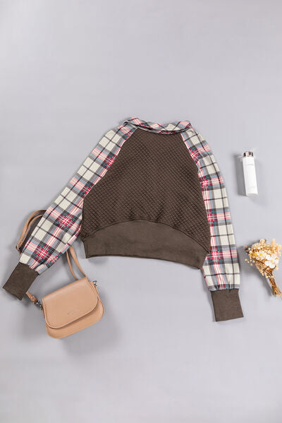 Plaid Half Zip Kangaroo Pocket Sweatshirt Trendsi