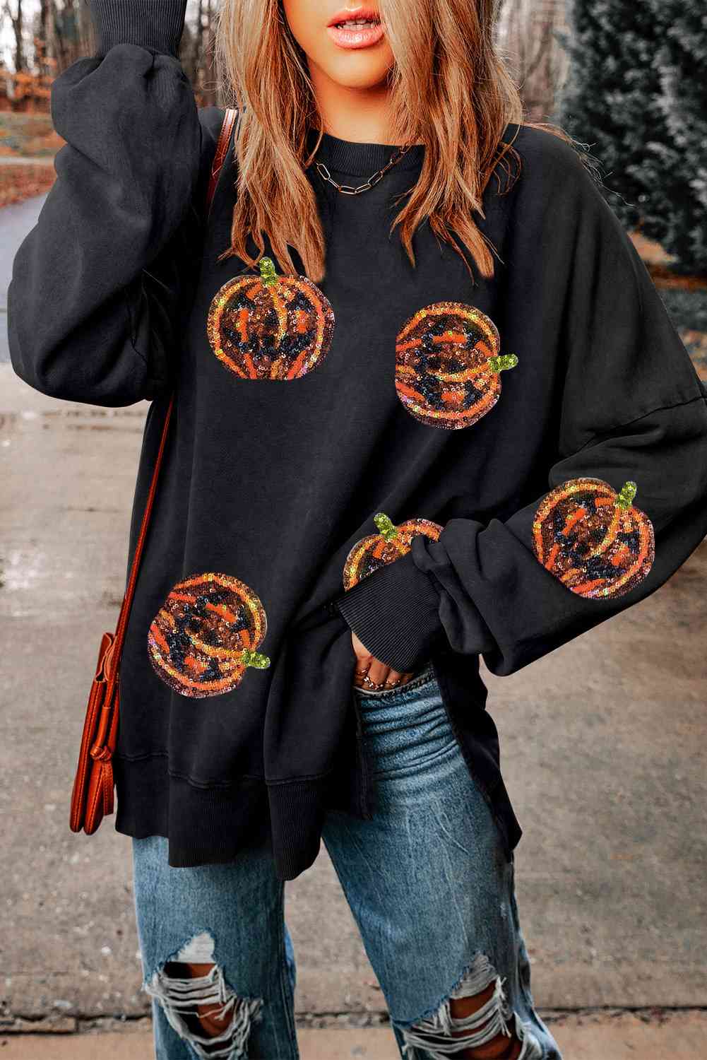 Pumpkin Print Dropped Shoulder Sweatshirt BLUE ZONE PLANET