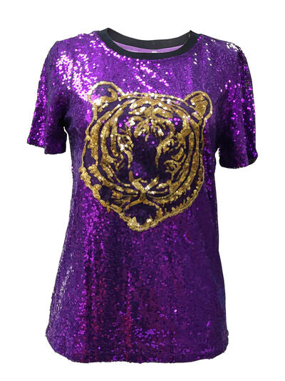 Tiger Sequin Round Neck Short Sleeve T-Shirt BLUE ZONE PLANET