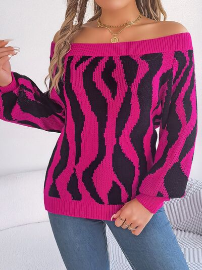 Blue Zone Planet |  Off-Shoulder Animal Print Long Sleeve Sweater BLUE ZONE PLANET