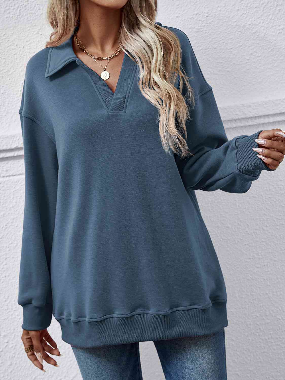 Collared Neck Dropped Shoulder Sweatshirt BLUE ZONE PLANET