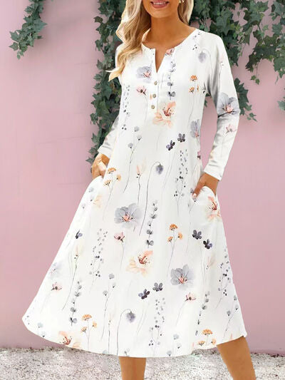 Floral Notched Long Sleeve Midi Dress BLUE ZONE PLANET