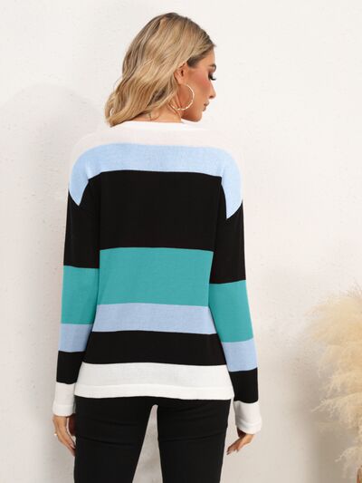 Striped Round Neck Dropped Shoulder Sweater BLUE ZONE PLANET