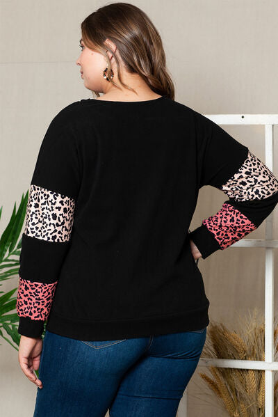 Plus Size Leopard Dropped Shoulder Long Sleeve T-Shirt BLUE ZONE PLANET