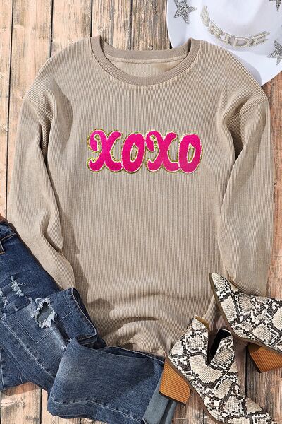 XOXO Sequin Round Neck Dropped Shoulder Sweatshirt-TOPS / DRESSES-[Adult]-[Female]-2022 Online Blue Zone Planet