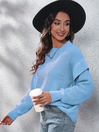 Ruffled Round Neck Dropped Shoulder Sweater BLUE ZONE PLANET