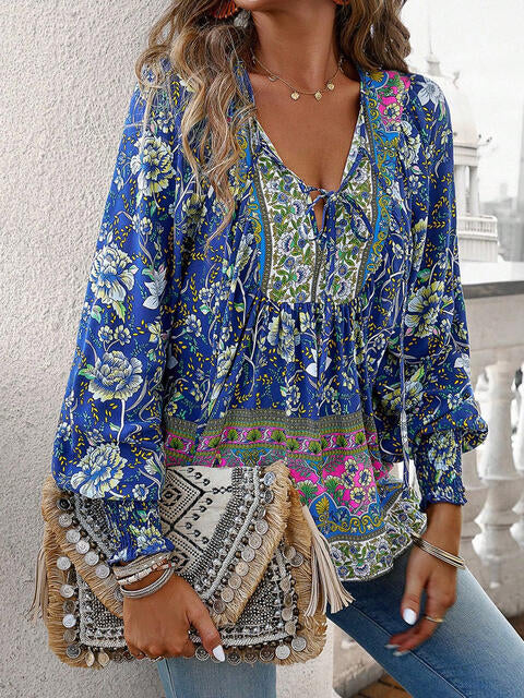 Bohemian Tie Neck Lantern Sleeve Blouse BLUE ZONE PLANET