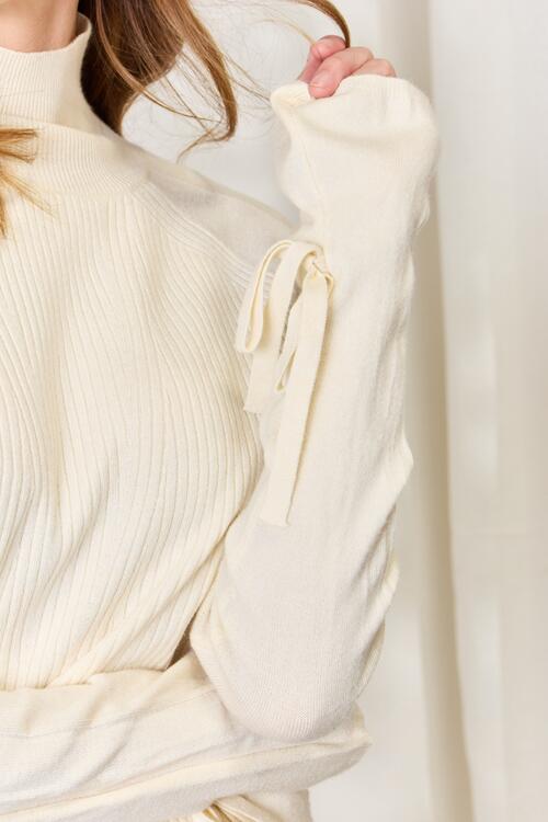 Heimish Full Size Ribbed Bow Detail Long Sleeve Turtleneck Knit Top BLUE ZONE PLANET