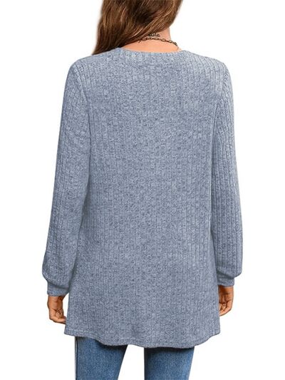 Slit Notched Pocketed Long Sleeve T-Shirt-TOPS / DRESSES-[Adult]-[Female]-2022 Online Blue Zone Planet