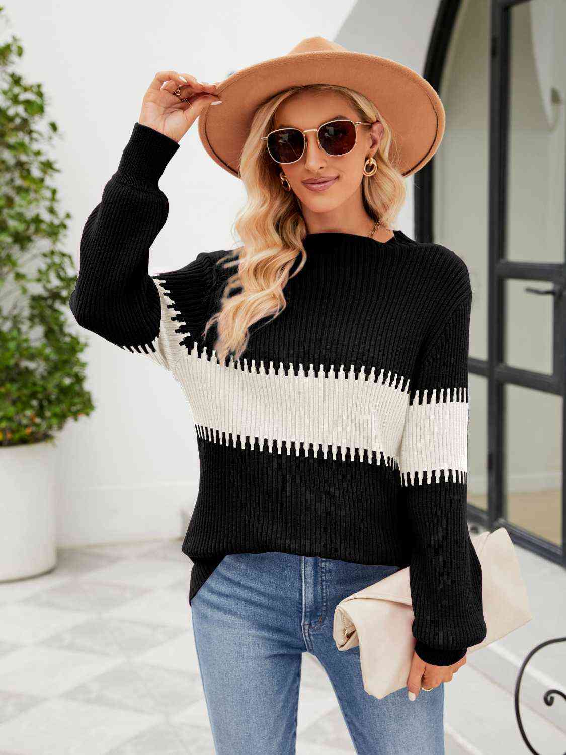 Contrast Round Neck Sweater BLUE ZONE PLANET