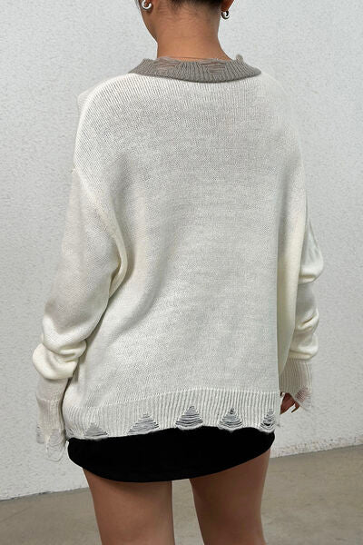 Distressed V-Neck Dropped Shoulder Sweater Trendsi