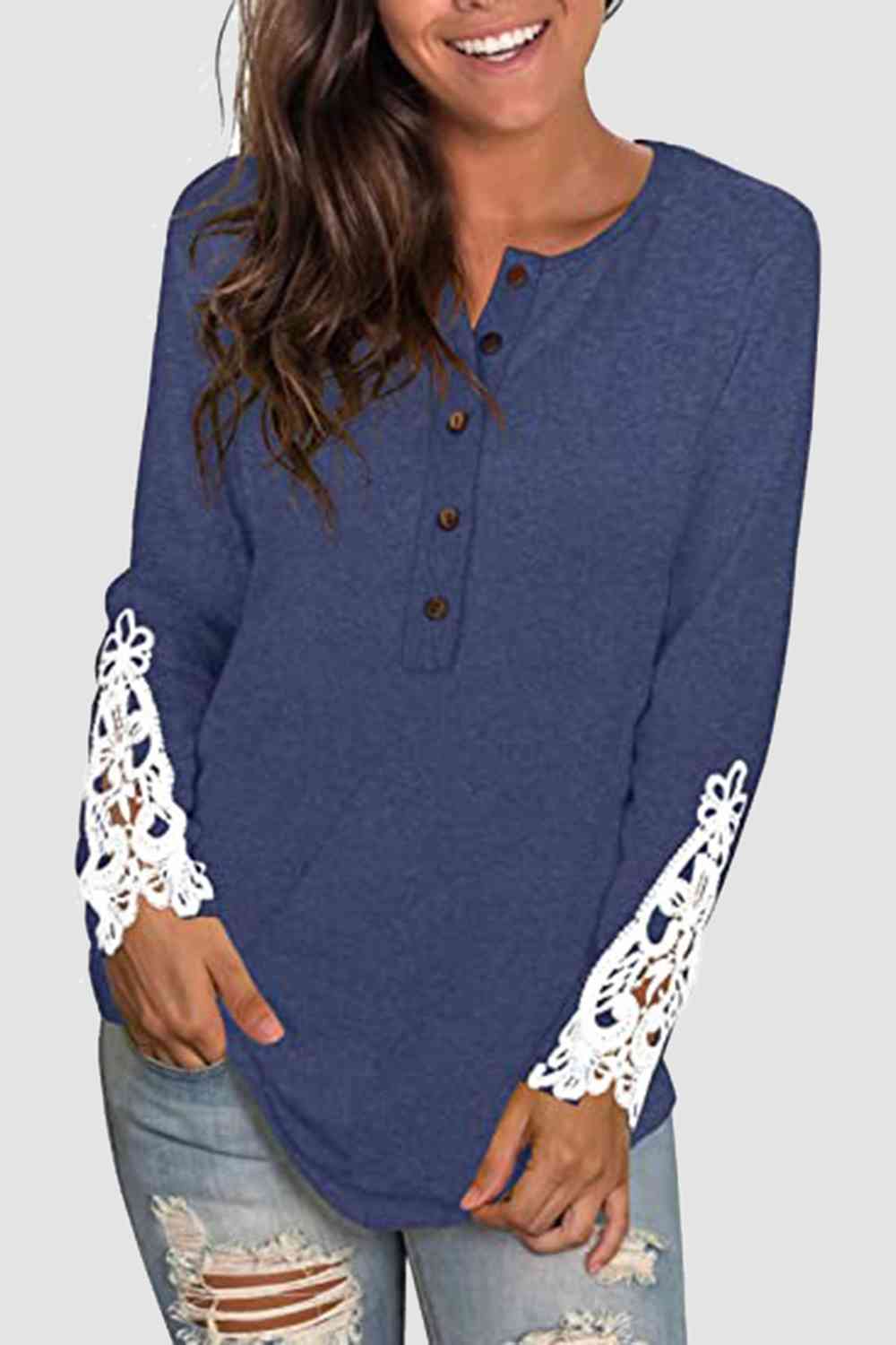 Lace Detail Button Front T-Shirt BLUE ZONE PLANET