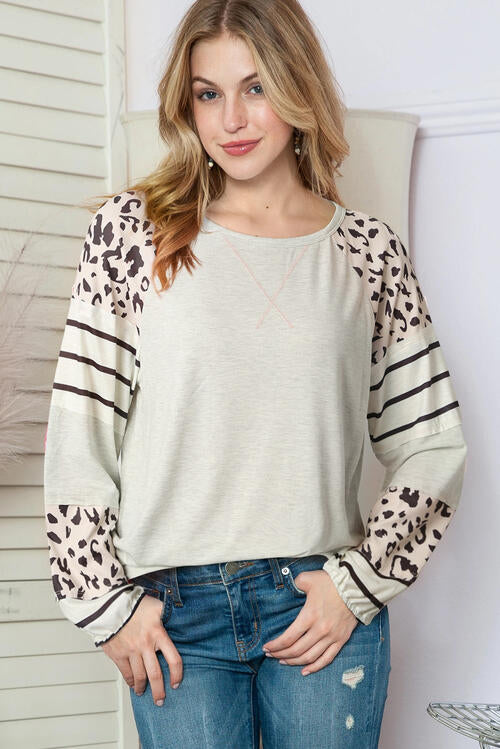 Leopard Round Neck Long Sleeve Top BLUE ZONE PLANET