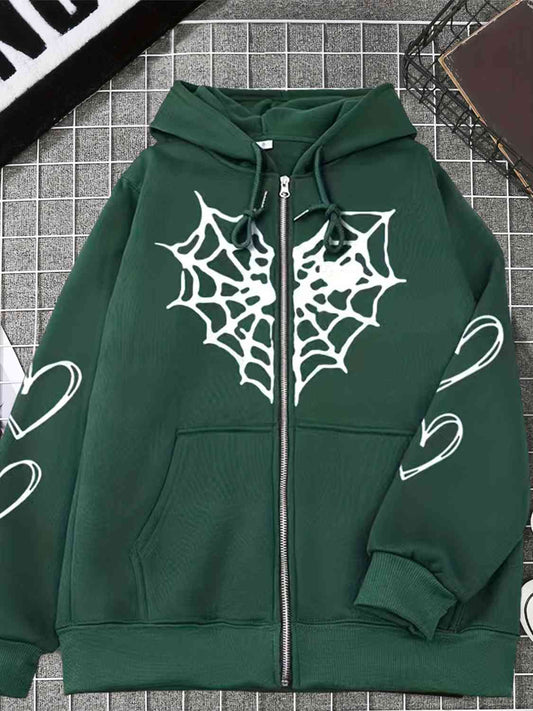 Spiderweb Graphic Drawstring Zip Up Hooded Jacket-TOPS / DRESSES-[Adult]-[Female]-Green-S-2022 Online Blue Zone Planet