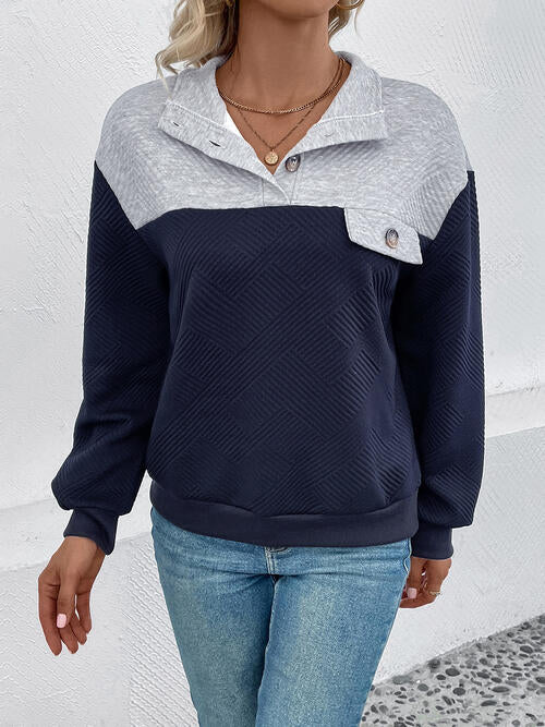 Textured Contrast Half Button Sweatshirt BLUE ZONE PLANET