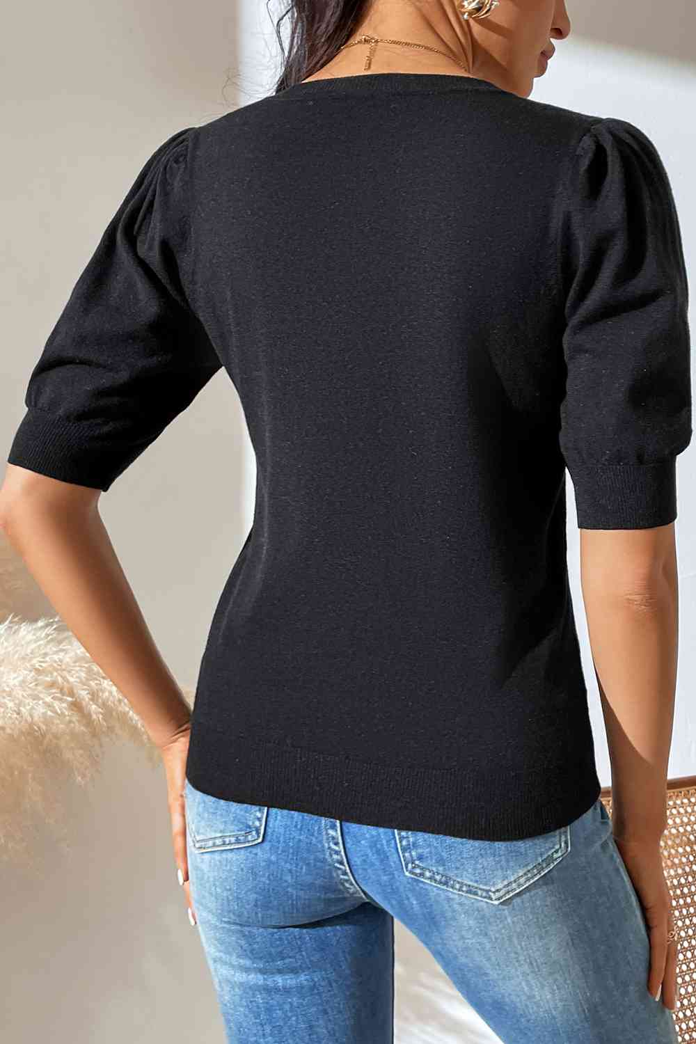 Round Neck Puff Sleeve Knit Top BLUE ZONE PLANET