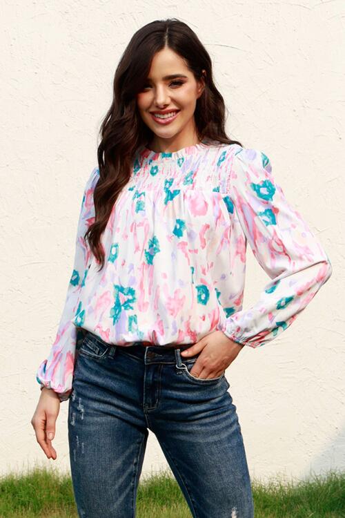 Floral Smocked Balloon Sleeve Round Neck Blouse BLUE ZONE PLANET