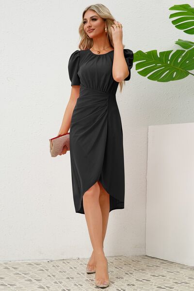 Slit Ruched Round Neck Puff Sleeve Dress-TOPS / DRESSES-[Adult]-[Female]-2022 Online Blue Zone Planet