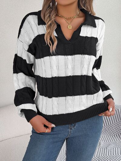 Cable-Knit Striped Long Sleeve Sweater BLUE ZONE PLANET
