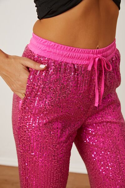 Sequin Drawstring Pants with Pockets-BOTTOM SIZES SMALL MEDIUM LARGE-[Adult]-[Female]-2022 Online Blue Zone Planet