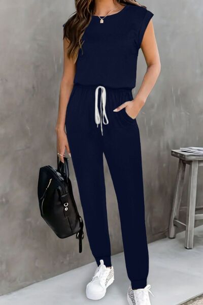 Drawstring Round Neck Sleeveless Jumpsuit Trendsi