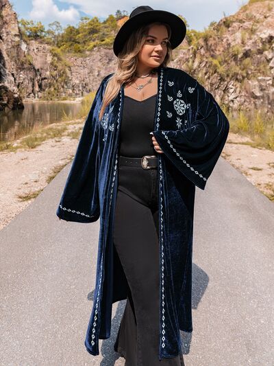 Plus Size Embroidery Open Front Long Sleeve Cardigan BLUE ZONE PLANET