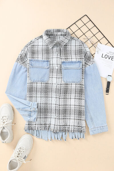 Plaid Pocketed Snap Down Denim Jacket BLUE ZONE PLANET