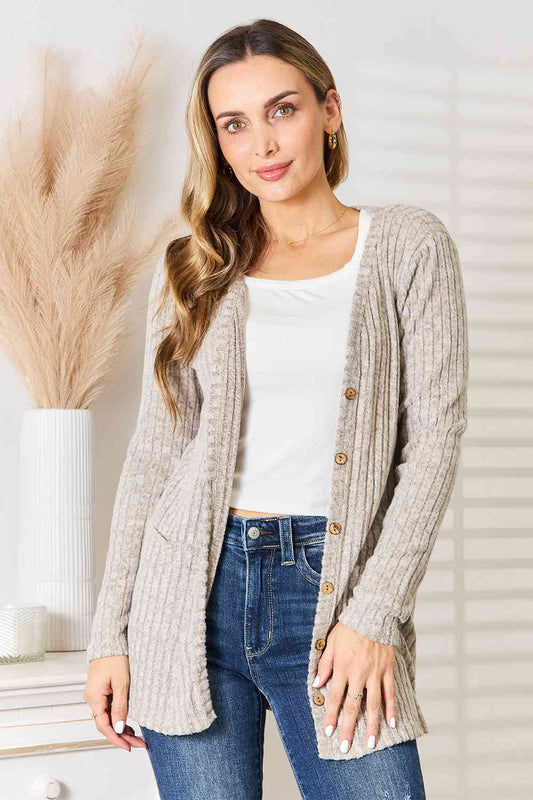Double Take Ribbed Button-Up Cardigan with Pockets BLUE ZONE PLANET