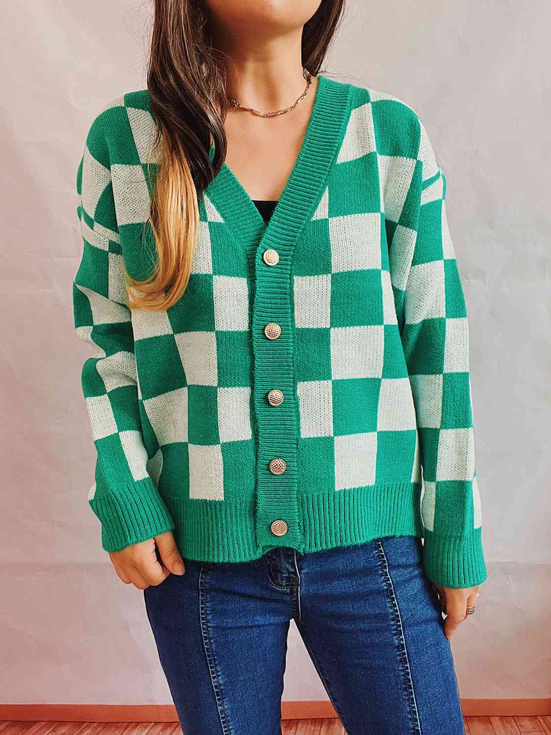 Checkered Open Front Button Up Cardigan BLUE ZONE PLANET