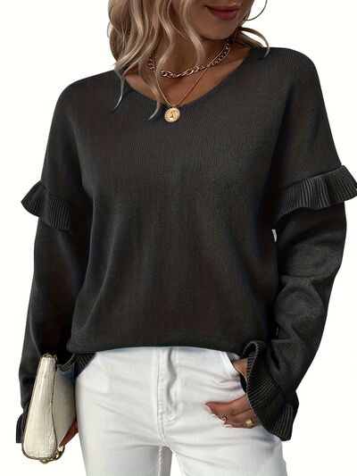 V-Neck Ruffle Trim Long Sleeve Sweater Trendsi