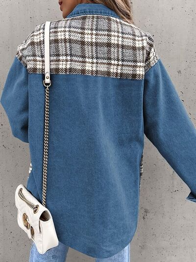 Plaid Button Up Dropped Shoulder Jacket BLUE ZONE PLANET