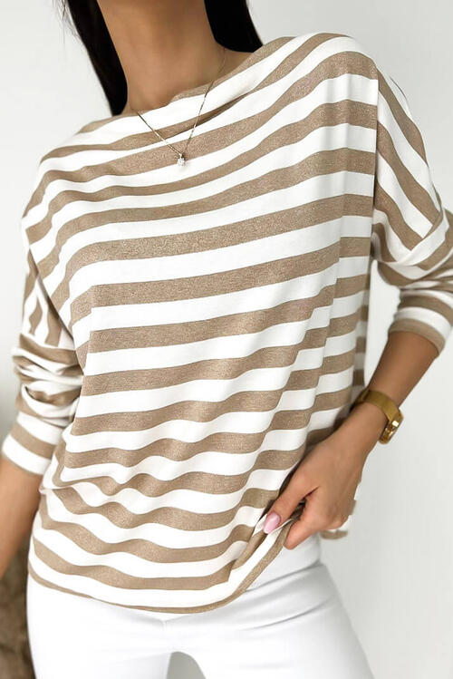 Striped Round Neck Long Sleeve Blouse BLUE ZONE PLANET