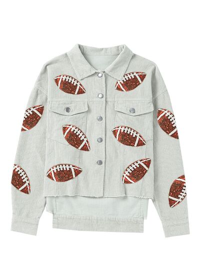 Football Sequin Button Up Dropped Shoulder Jacket BLUE ZONE PLANET