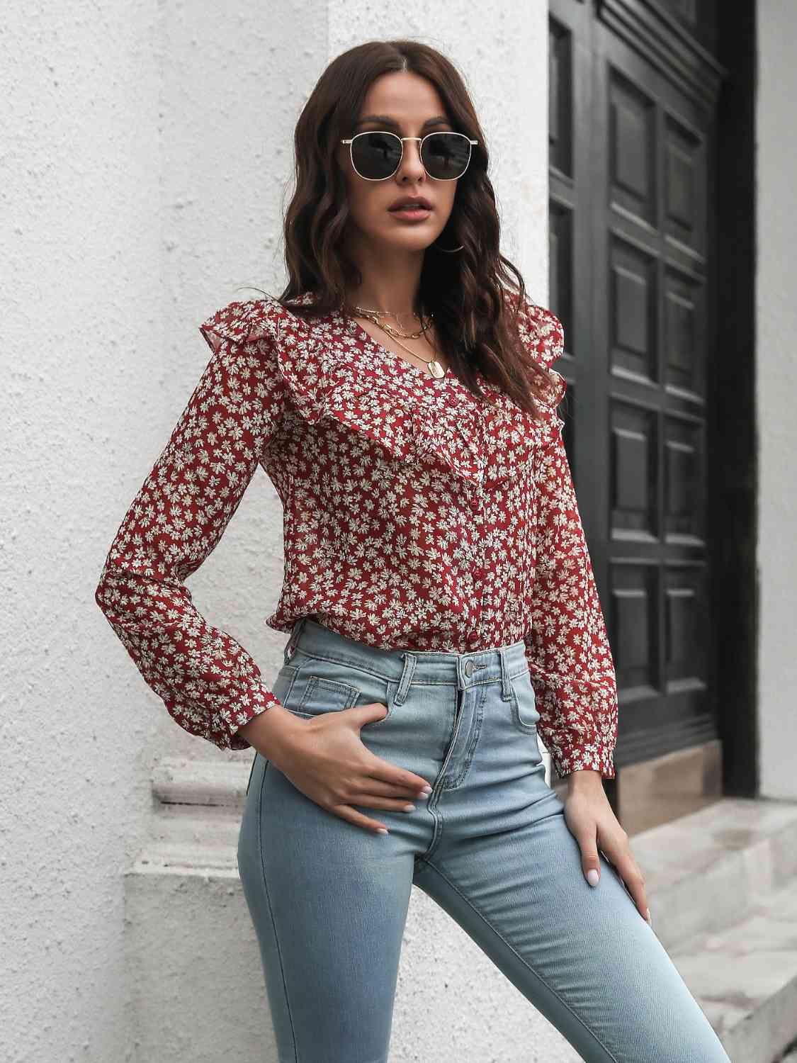 Printed Statement Collar Long Sleeve Blouse BLUE ZONE PLANET