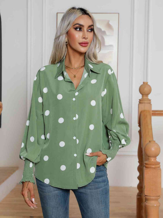 Polka Dot Collared Neck Buttoned Lantern Sleeve Shirt BLUE ZONE PLANET