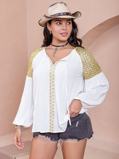 Plus Size Sequin Tie Neck Dropped Shoulder Blouse Trendsi