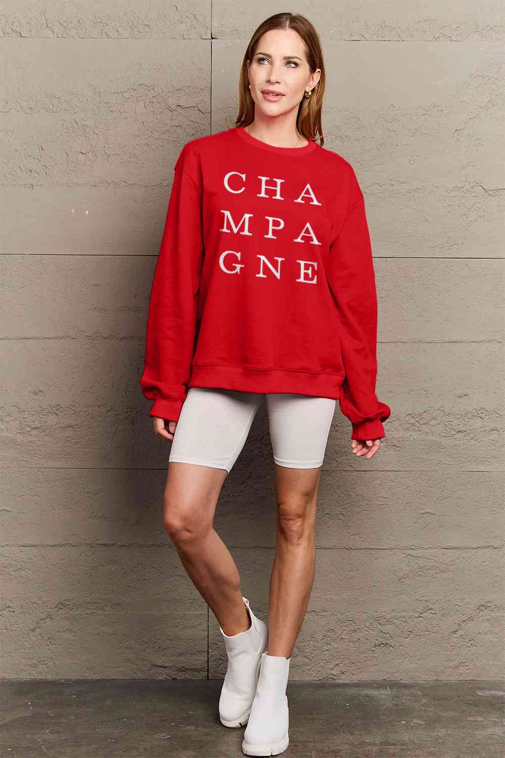 Simply Love Full Size CHAMPAGNE Graphic Long Sleeve Sweatshirt BLUE ZONE PLANET