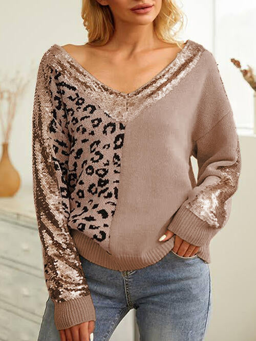 Leopard Sequin V-Neck Long Sleeve Sweater BLUE ZONE PLANET