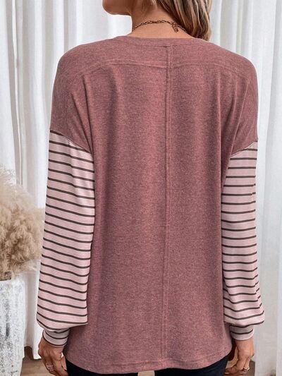 Round Neck Striped Long Sleeve Slit T-Shirt BLUE ZONE PLANET