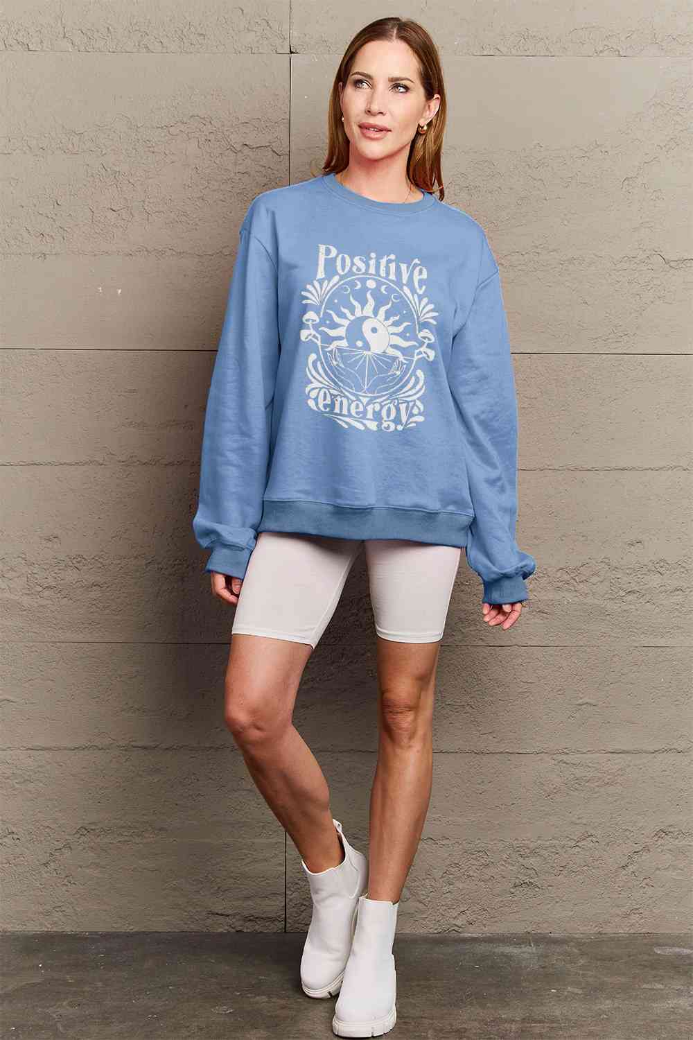 Simply Love Full Size POSITIVE ENERGY Graphic Sweatshirt BLUE ZONE PLANET