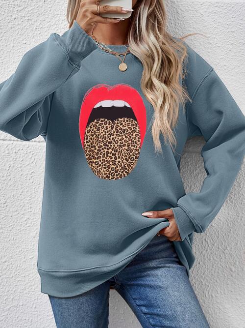 Leopard Lip Graphic Round Neck Sweatshirt BLUE ZONE PLANET