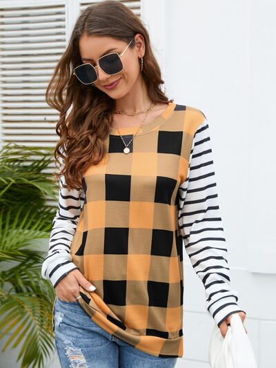 Plaid Striped Round Neck Long Sleeve T-Shirt-TOPS / DRESSES-[Adult]-[Female]-2022 Online Blue Zone Planet