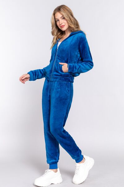 ACTIVE BASIC Faux Fur Zip Up Long Sleeve Hoodie and Joggers Set BLUE ZONE PLANET