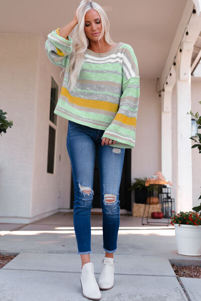 Blue Zone Planet |  Striped Dropped Shoulder Flare Sleeve Sweater BLUE ZONE PLANET