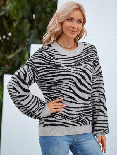 Animal Print Round Neck Dropped Shoulder Sweater-TOPS / DRESSES-[Adult]-[Female]-2022 Online Blue Zone Planet