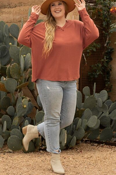 Plus Size Notched Long Sleeve T-Shirt BLUE ZONE PLANET