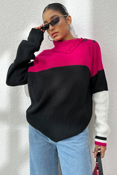 Contrast Buttoned Cutout Long Sleeve Sweater BLUE ZONE PLANET