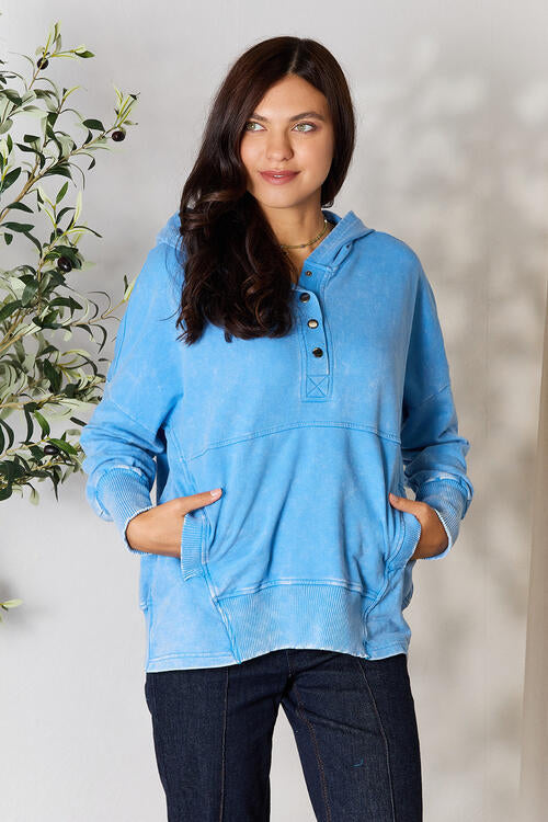 Zenana Half Snap Long Sleeve Hoodie with Pockets BLUE ZONE PLANET