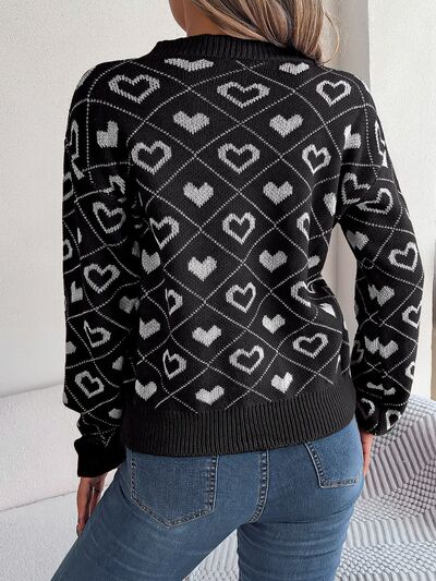 Heart Pattern V-Neck Long Sleeve Sweater BLUE ZONE PLANET