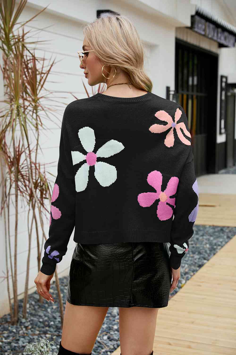 Flower Round Neck Drop Shoulder Sweater BLUE ZONE PLANET